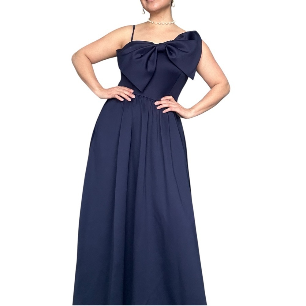 Navy long Dress with Statement asymmetrical Bow - Size Small - Picture 2 of 11